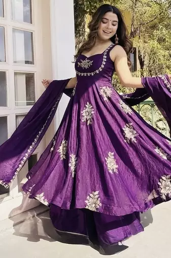 purple silk anarkali kurta set with embroidered sequins work