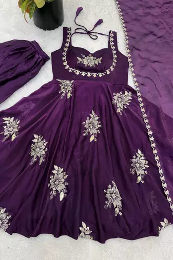 purple silk anarkali kurta set with embroidered sequins work