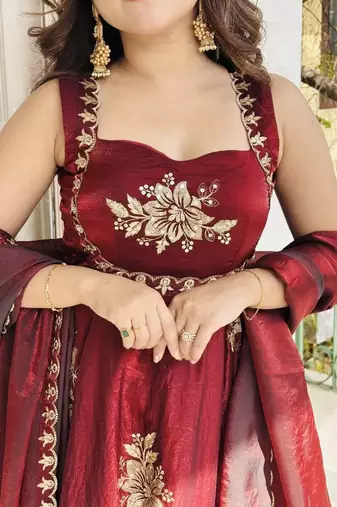 maroon silk sharara kurta set with embroidered design