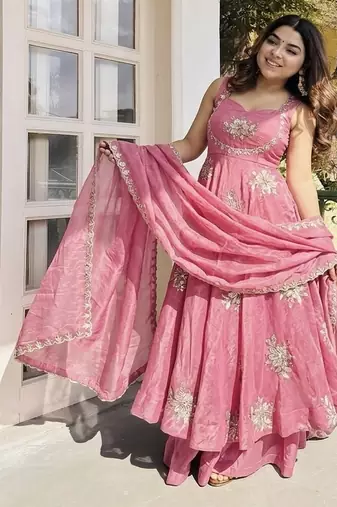pink silk sharara kurta set with embroidery sequins work