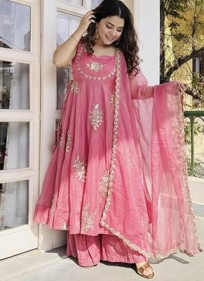 pink silk sharara kurta set with embroidery sequins work 3