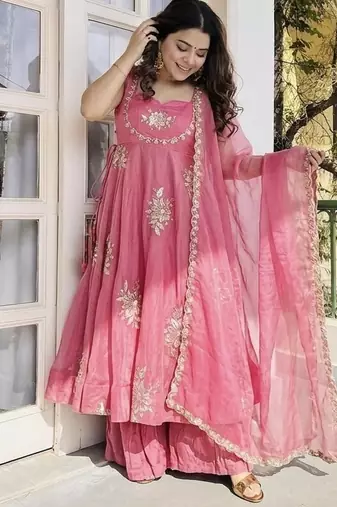 pink silk sharara kurta set with embroidery sequins work