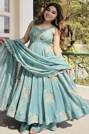 sky blue silk salwar kameez with embroidery sequins work