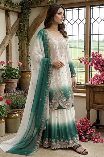green georgette salwar kameez with embroidery sequins work