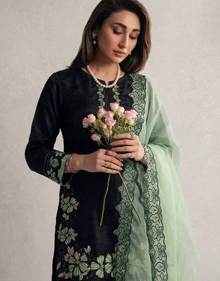 black silk salwar kameez with floral embroidery 3