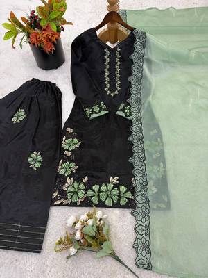 black silk salwar kameez with floral embroidery 4