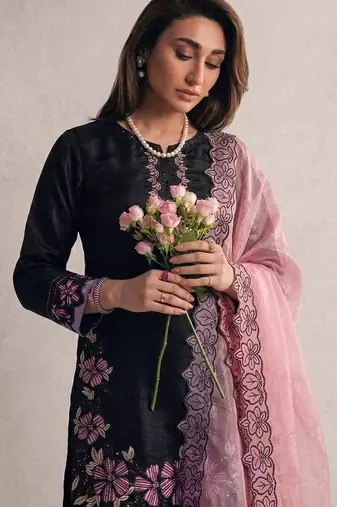 peach silk salwar kameez with embroidery sequins work