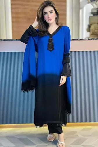 blue silk salwar kameez with beads work