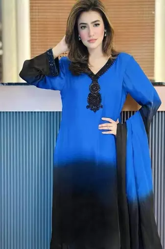 blue silk salwar kameez with beads work