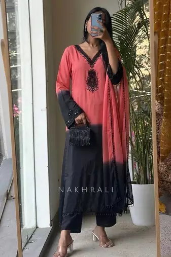 peach silk salwar kameez with embroidered work