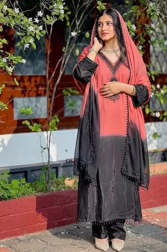 peach silk salwar kameez with embroidered work