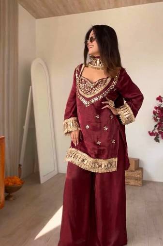 New trendy stylish real mirror work with lace border kurta set