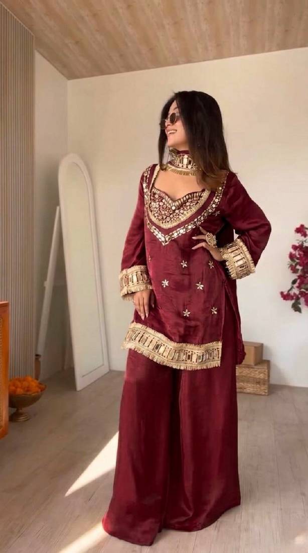 New trendy stylish real mirror work with lace border kurta set