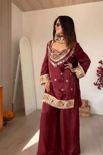 New trendy stylish real mirror work with lace border kurta set
