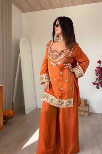 New trendy stylish real mirror work with lace border kurta set
