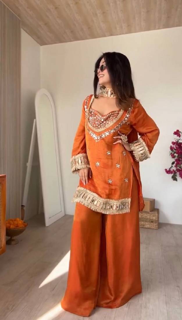 New trendy stylish real mirror work with lace border kurta set