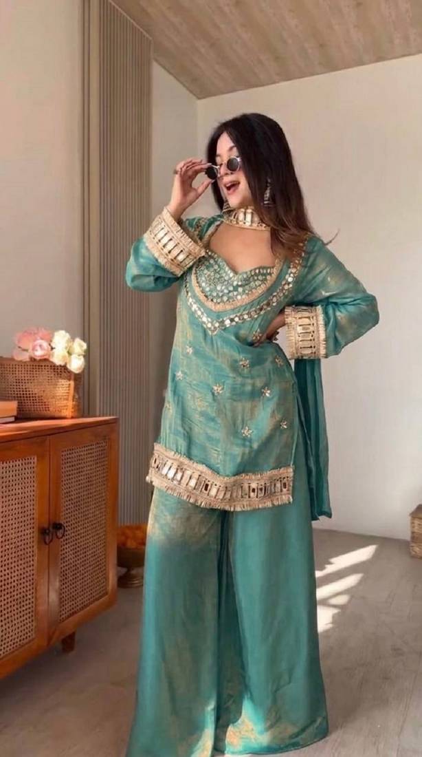 New trendy stylish real mirror work with lace border kurta set