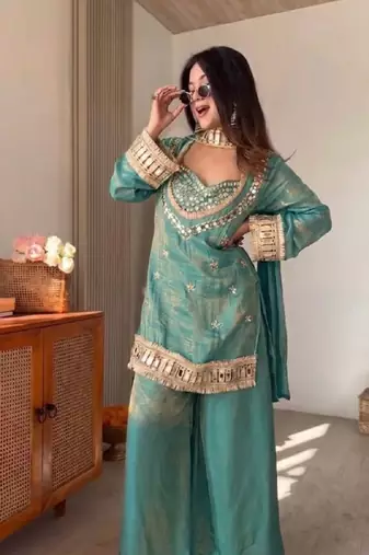 New trendy stylish real mirror work with lace border kurta set