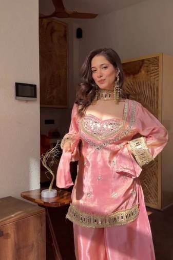 New trendy stylish real mirror work with lace border kurta set