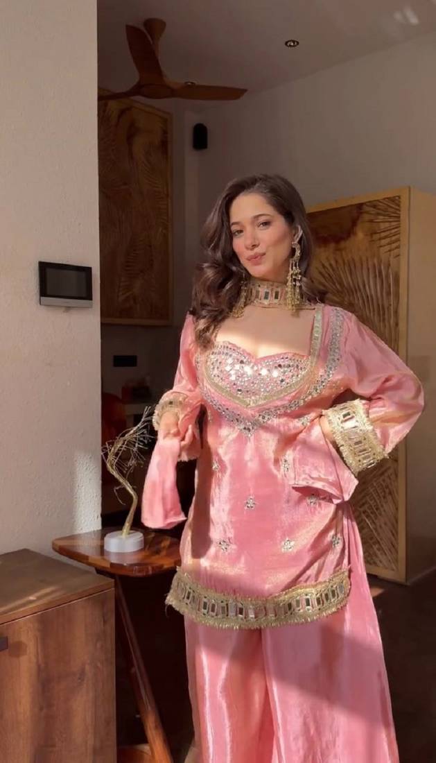 New trendy stylish real mirror work with lace border kurta set