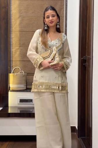 New trendy stylish real mirror work with lace border kurta set