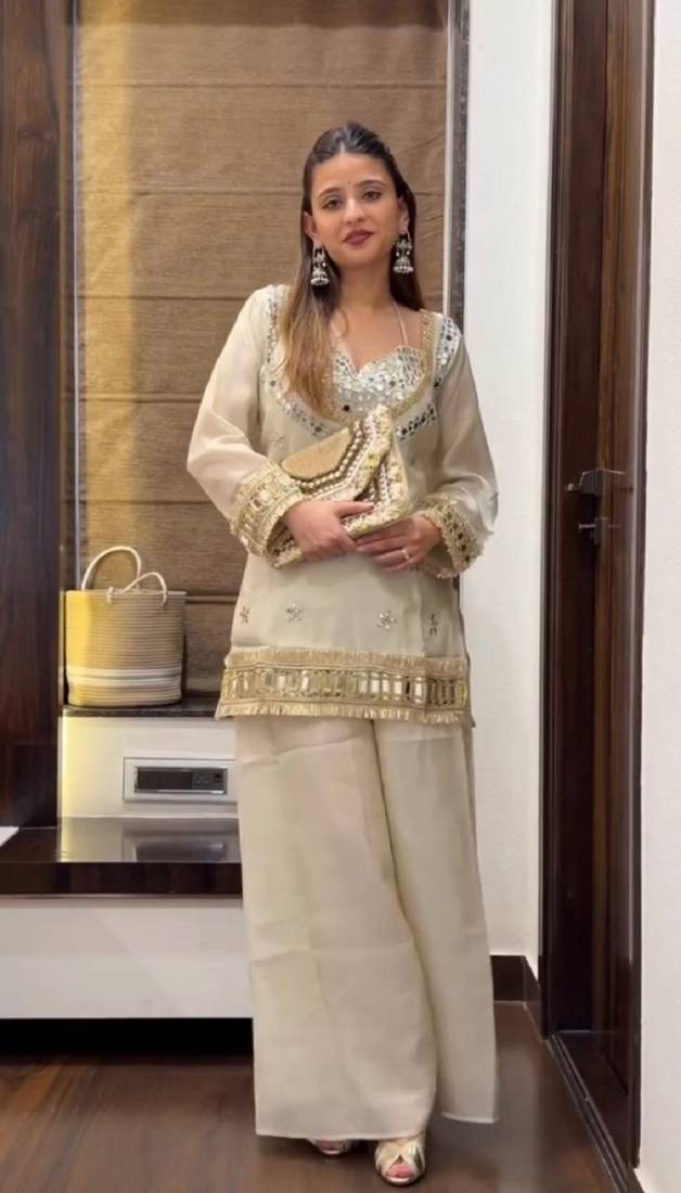 New trendy stylish real mirror work with lace border kurta set