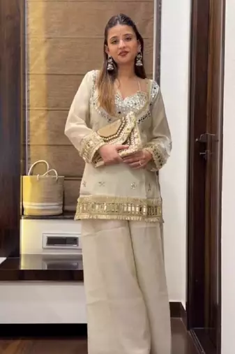New trendy stylish real mirror work with lace border kurta set