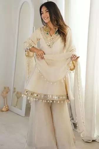 New latest trendy real mirror work with lace border kurta set