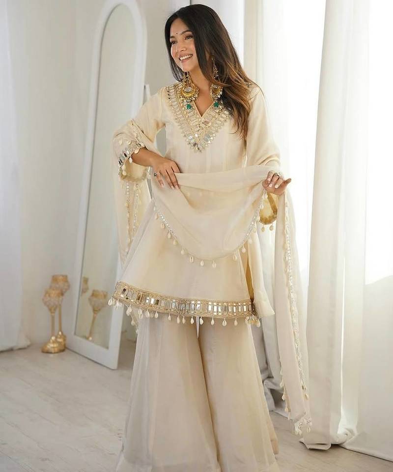 New latest trendy real mirror work with lace border kurta set