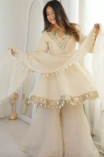 real mirror work with lace border kurta set