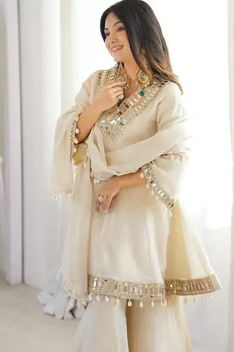 real mirror work with lace border kurta set
