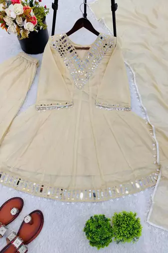 real mirror work with lace border kurta set