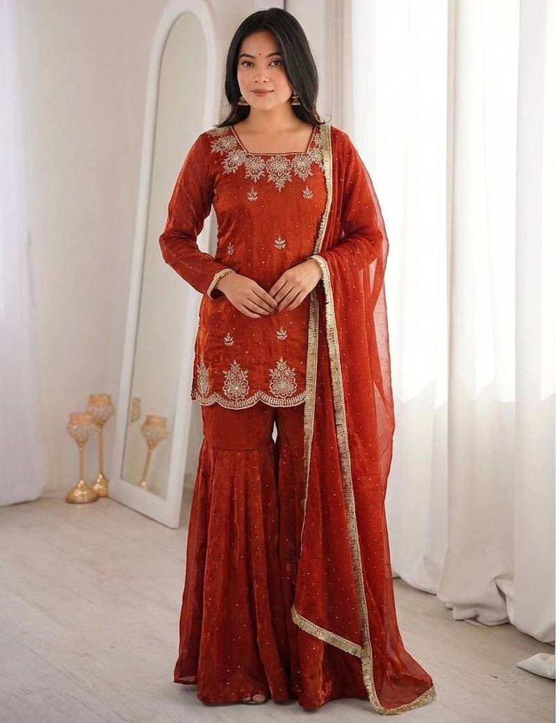 Womens new fancy embroidery sequence work with zarkan diamond work kurta set