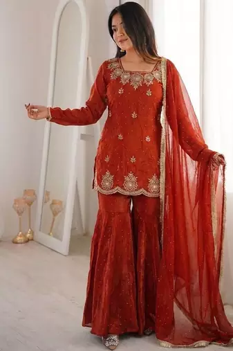 Womens new fancy embroidery sequence work with zarkan diamond work kurta set