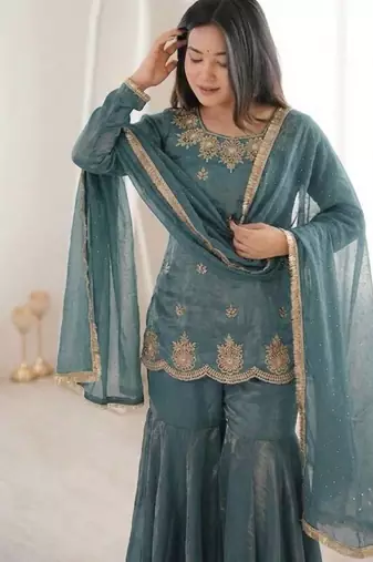 Womens new fancy embroidery sequence work with zarkan diamond work kurta set