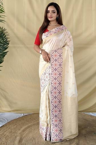 White Color Multithread And  Rich zari weaving Work Silk Saree