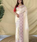 White Multithread And Rich Zari Weaving Work Art Silk Saree