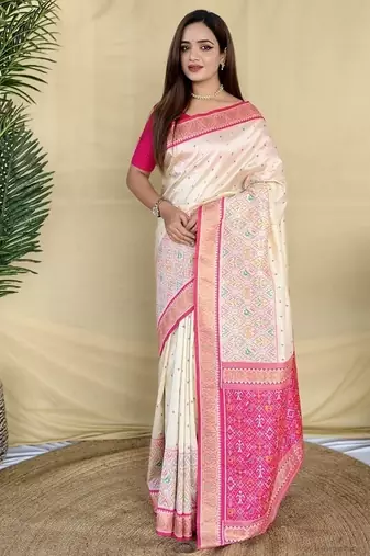 Off White Color  Multicolour woven buttas And  Multithread zari contrast weaving Silk Saree