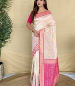 Off White Color  Multicolour woven buttas And  Multithread zari contrast weaving art silk saree