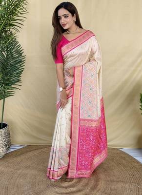 Off White Color  Multicolour woven buttas And  Multithread zari contrast weaving art silk saree 2
