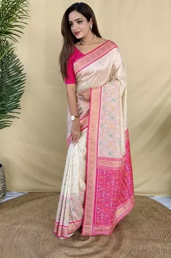 Off White Color  Multicolour woven buttas And  Multithread zari contrast weaving art silk saree