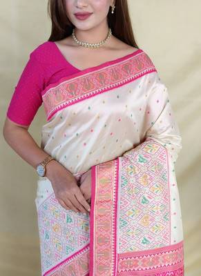 Off White Color  Multicolour woven buttas And  Multithread zari contrast weaving art silk saree 3