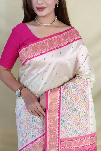 Off White Color  Multicolour woven buttas And  Multithread zari contrast weaving art silk saree