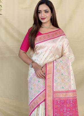 Off White Color  Multicolour woven buttas And  Multithread zari contrast weaving art silk saree 4