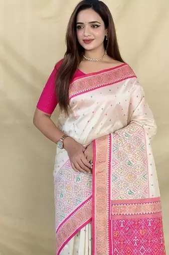 Off White Color  Multicolour woven buttas And  Multithread zari contrast weaving art silk saree
