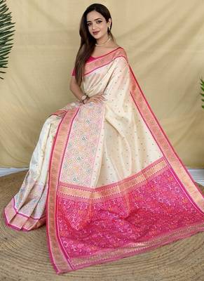 Off White Color  Multicolour woven buttas And  Multithread zari contrast weaving art silk saree 5