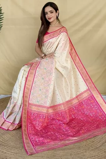 Off White Color  Multicolour woven buttas And  Multithread zari contrast weaving art silk saree