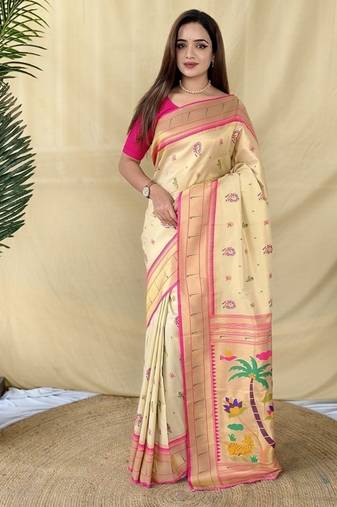 Off White Color Zari Weaving Work Silk Saree