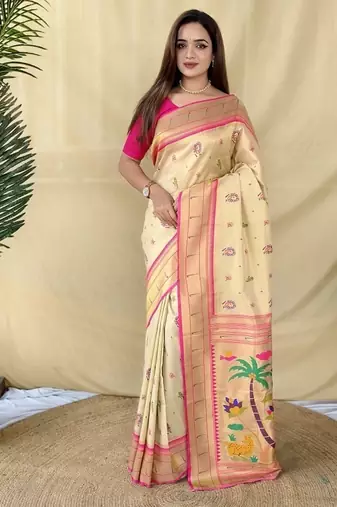Off White Color Zari Weaving Work Silk Saree