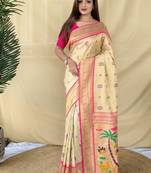 Off White Color Zari Weaving Work Silk Saree